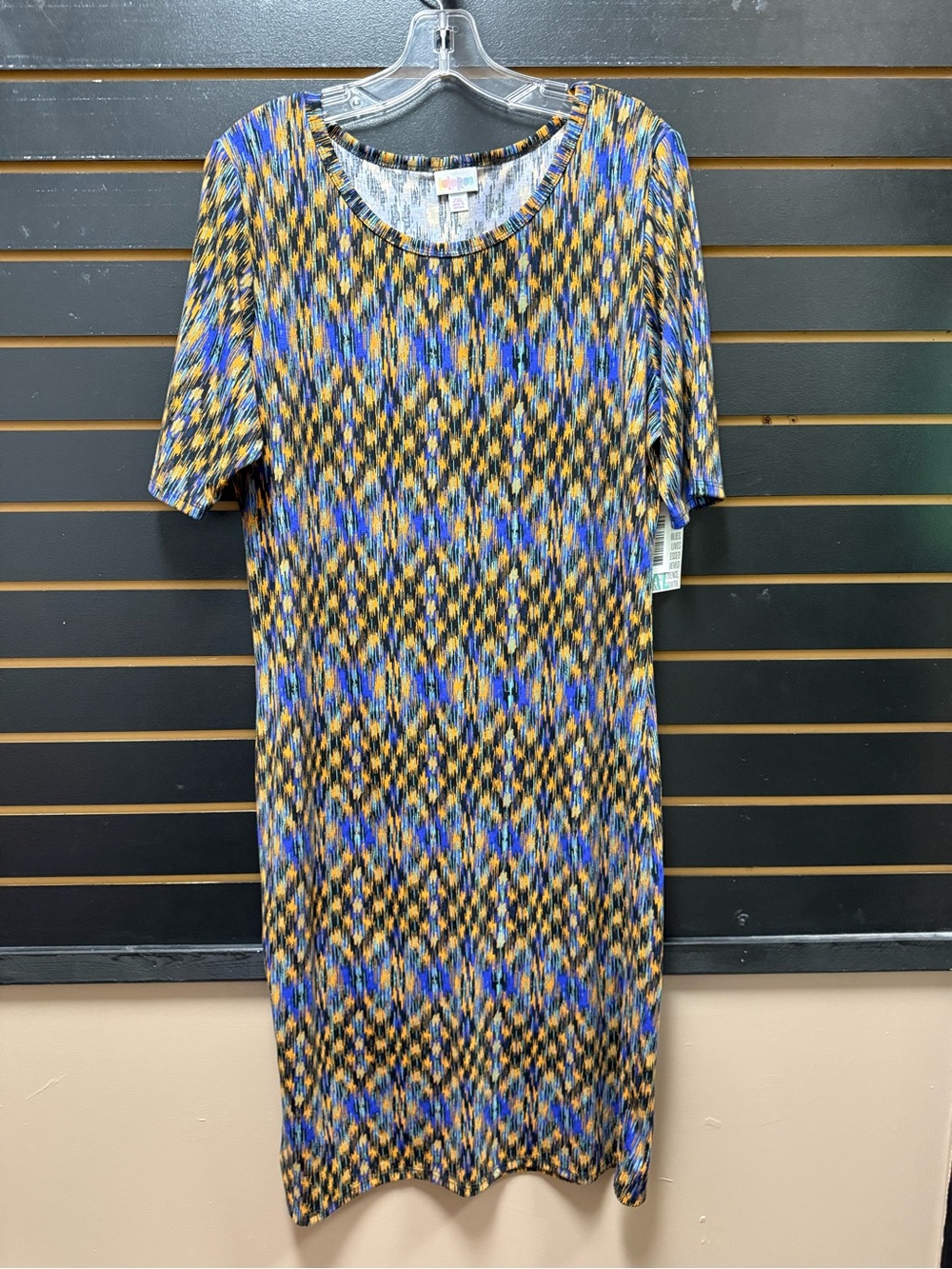 NWT LuLaRoe Julia Dress 2XL Blue Gold Abstract Print Stretch Knit